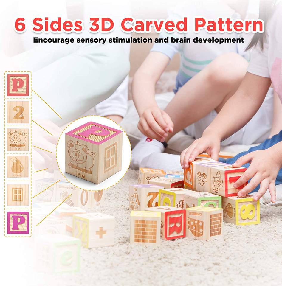 Wooden Blocks for Toddlers - 30 Wood Alphabet Blocks - Montessori Stacking Letter Preschool Learning Toys