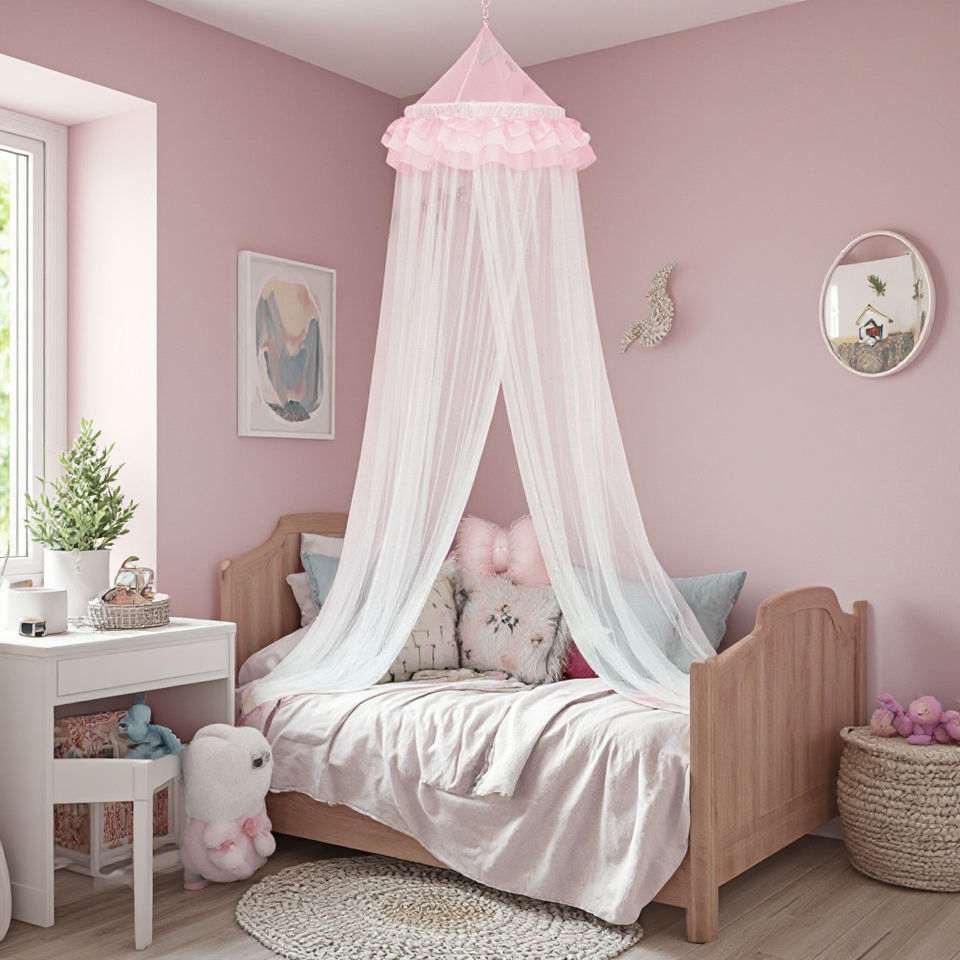 Folding Portable Soft Toy Canopy Round Shape 100% Polyester White Color Kids Bed Curtain