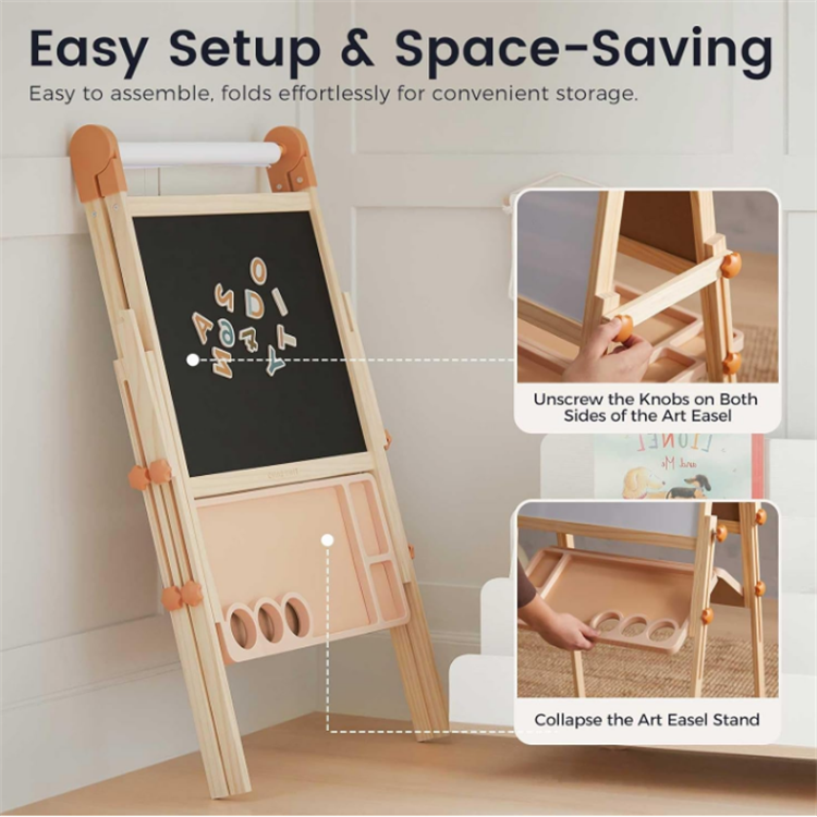 Double-Sided Magnetic Easel Adjustable Wooden Kids Art Easel with Paper Roll