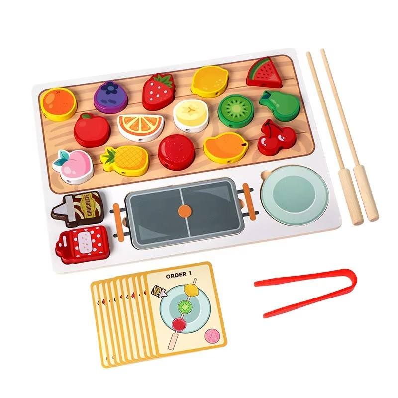 Montessori Children Early Learning DIY Beading Wood Fruit Cognition Game Educational Kitchen Toys Set for Kids Boys Girls Ages
