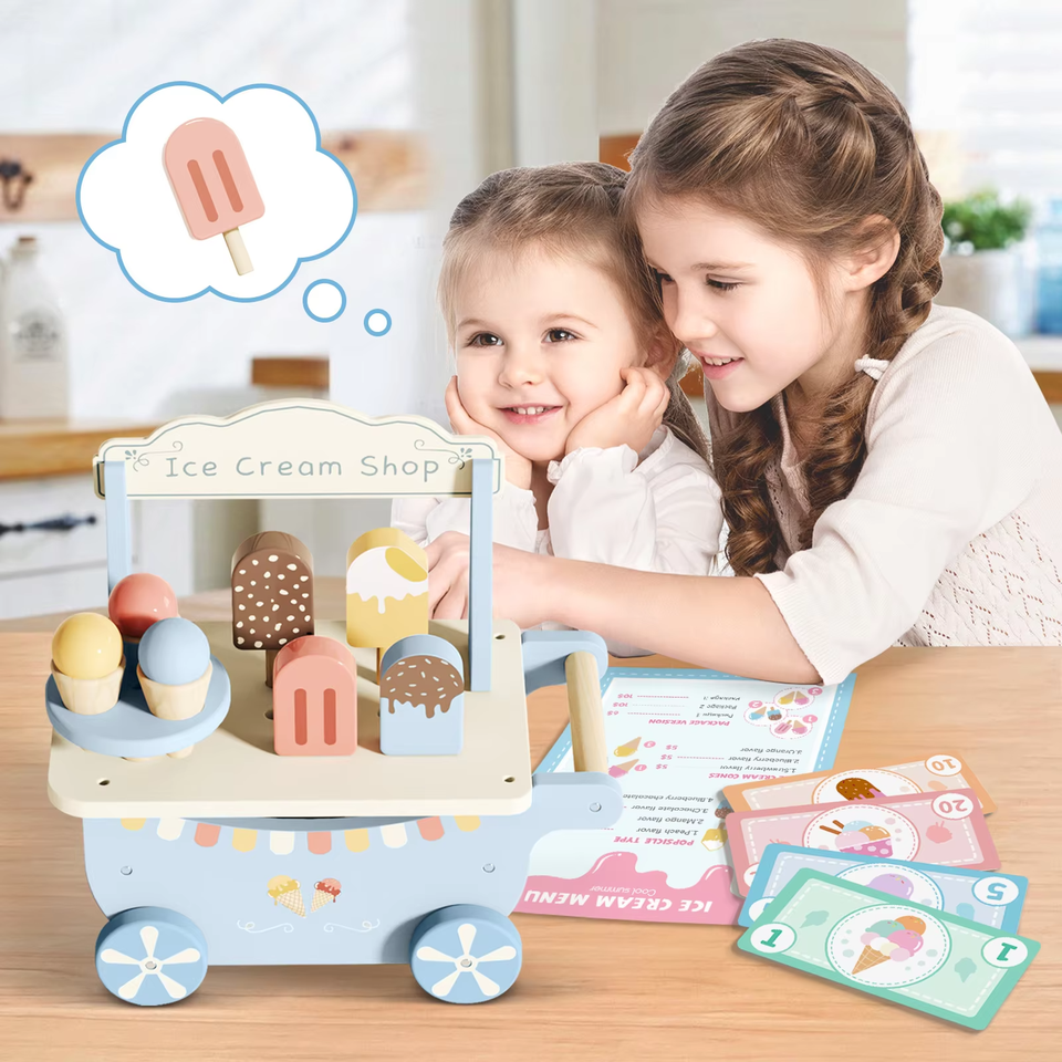 Wholesale Wooden Ice Cream Shop Trolley Kids Pretend Play Role Play Kitchen Toy