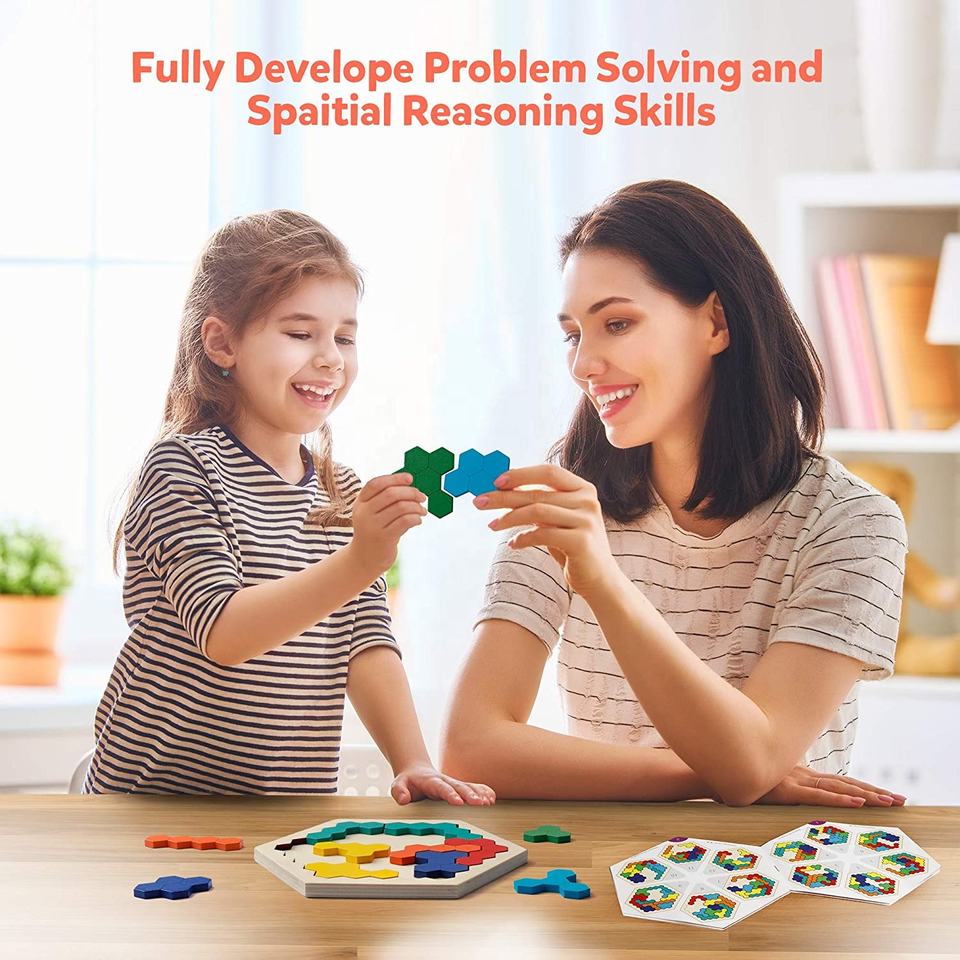 Wooden Hexagon Puzzle for Kid Adults - Shape Pattern Block Tangram Brain Teaser Toy Geometry Logic IQ Game