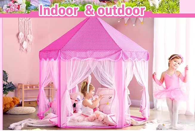 Princess Tent Playhouse Large Outdoor/Indoor Castle Toy with Star Lights Soft Polyester Toy for Kids Pink Large Large