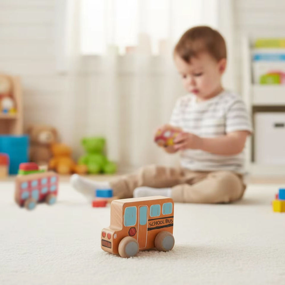 Wholesale Montessori Mini Wooden School Bus Toy Toddler Early Learning Vehicle