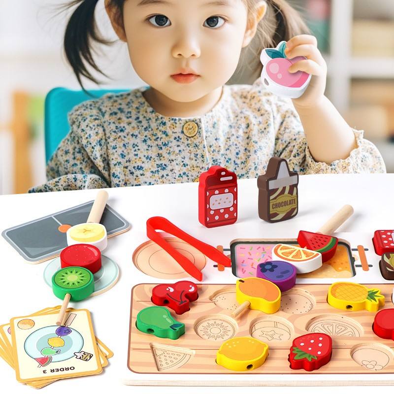 Montessori Children Early Learning DIY Beading Wood Fruit Cognition Game Educational Kitchen Toys Set for Kids Boys Girls Ages