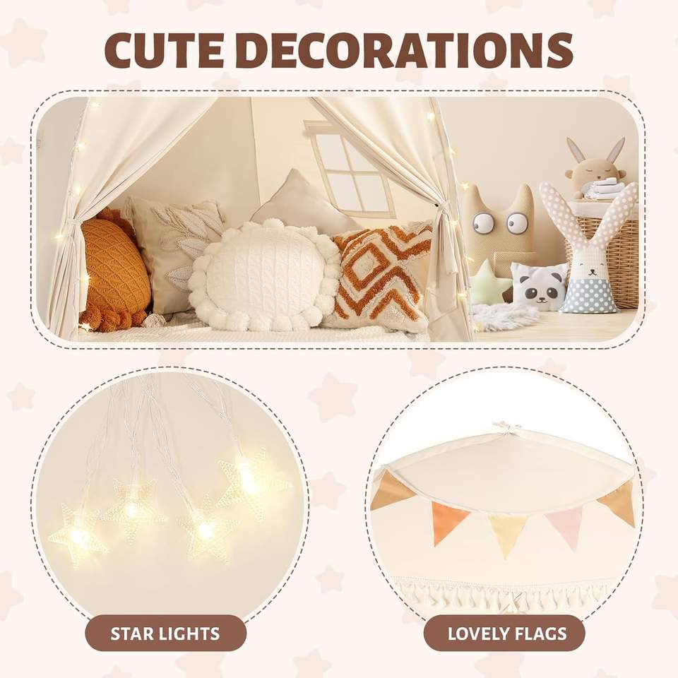 Large Canvas Single Layer Soft Toy Teepee Tent for Kids with Star Lights & Flags