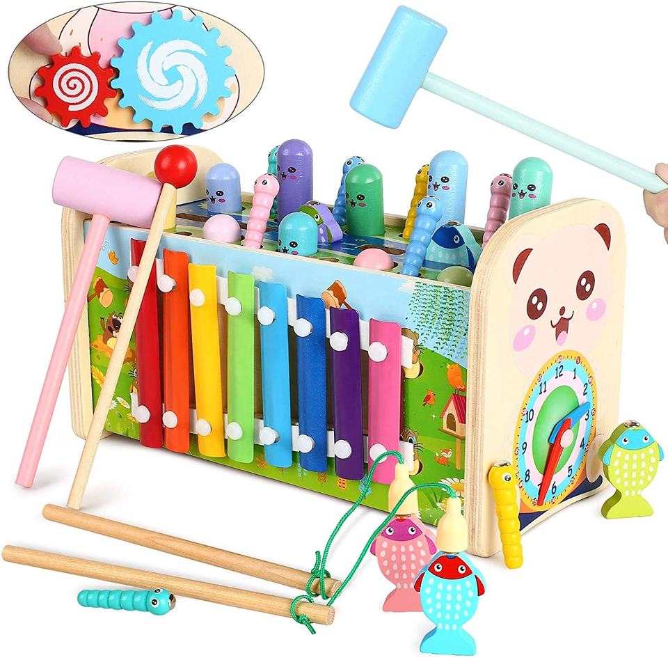 Wooden Pounding and Hammer Toy Early Educational Motor Skill Toy with Fishing Game Xylophone Moving Gears Clock Best Gift
