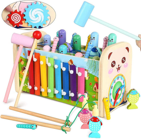 Wooden Pounding and Hammer Toy Early Educational Motor Skill Toy with Fishing Game Xylophone Moving Gears Clock Best Gift