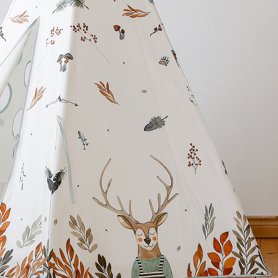 Kids Teepee Hexagonal Tent Children Play Tent Indoor &Outdoor Kids Playhouse White Canvas Teepee With Pine Pole