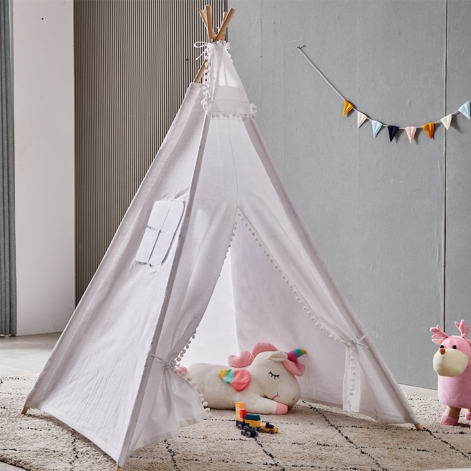 100% Natural Cotton Beach Garden Child Tent White Hair Ball Children's Play Camping Teepee Tent Kids Tent for Children Toy