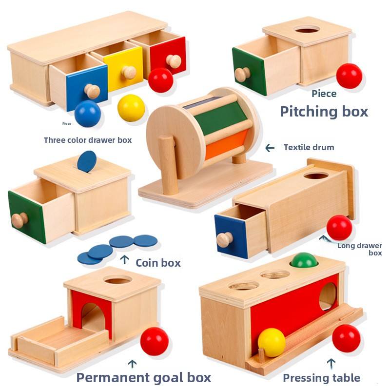 Wholesale Montessori Wooden Coin Ball Box Textile Drum Drawer Early Learning Educational Toy for Kids
