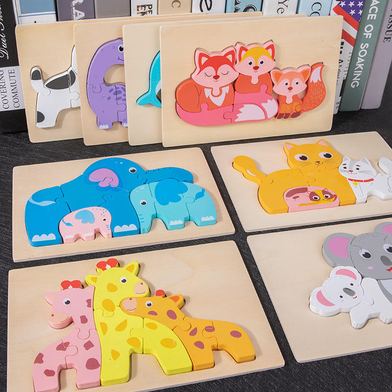 Wholesale Kids Wooden 3D Cartoon Animal Puzzle Set Toddler Educational Toy