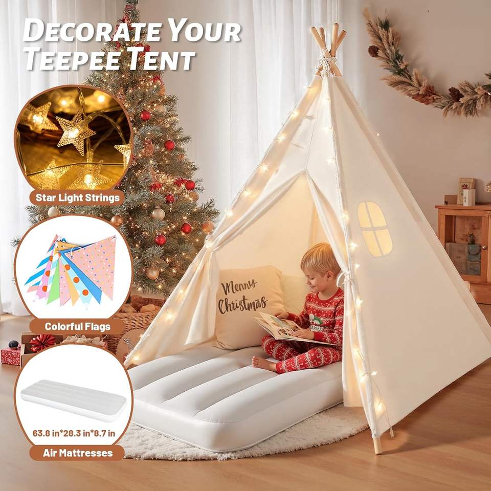 Kids Teepee Tent Cotton Canvas Toddler Tent Foldable Indoor Play Tent for Babies Kids Party Sleepover Slumber Gifts Toy