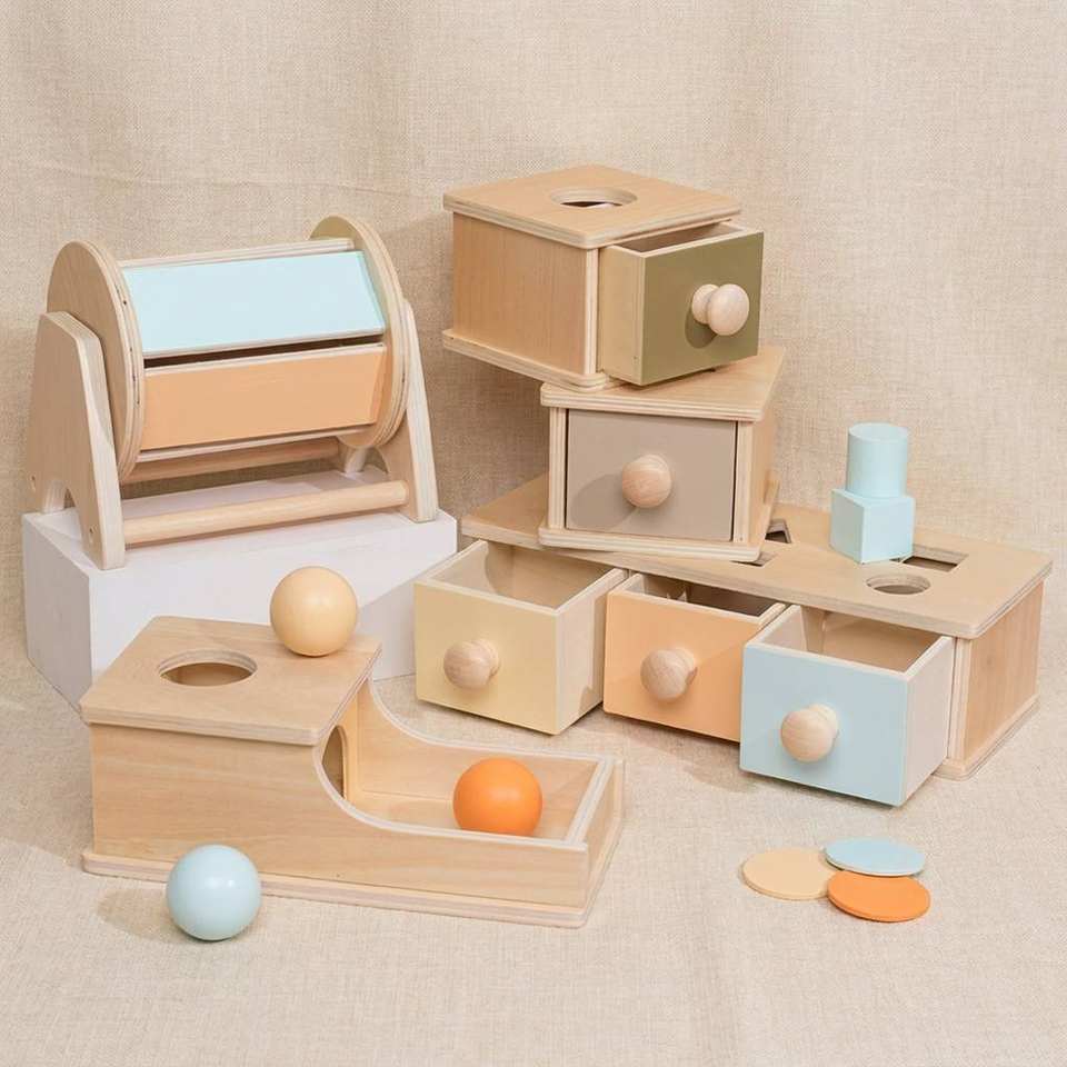 Montessori Early-Learning Wooden Drawer Box Textile Drum Pressure-Ball Educational Toys for Infants Toddlers White Box Packaging