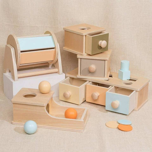 Montessori Early-Learning Wooden Drawer Box Textile Drum Pressure-Ball Educational Toys for Infants Toddlers White Box Packaging