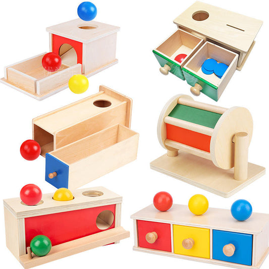 Wholesale Montessori Wooden Coin Ball Box Textile Drum Drawer Early Learning Educational Toy for Kids
