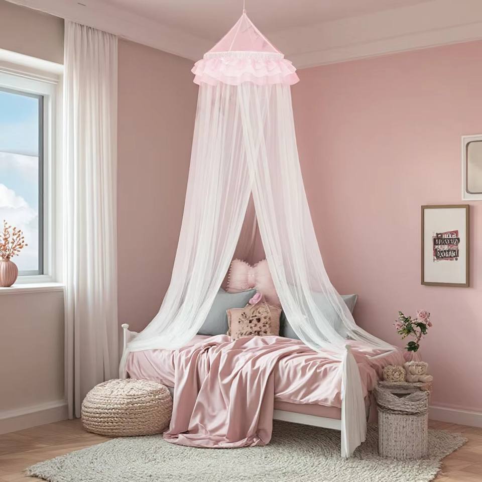 Folding Portable Soft Toy Canopy Round Shape 100% Polyester White Color Kids Bed Curtain