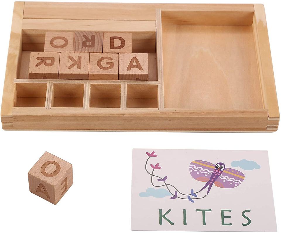 Wooden Spelling Games Matching Letter Game Trays Montessori Educational Learning Toys with 30 PCs Flashcards for Kids 3 4 5