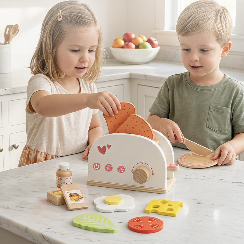 Montessori Eco-friendly Wooden Royal Bread Maker Kitchen Set for Kids Pretend Play Role-Playing Toy for Ages 2-13 Years