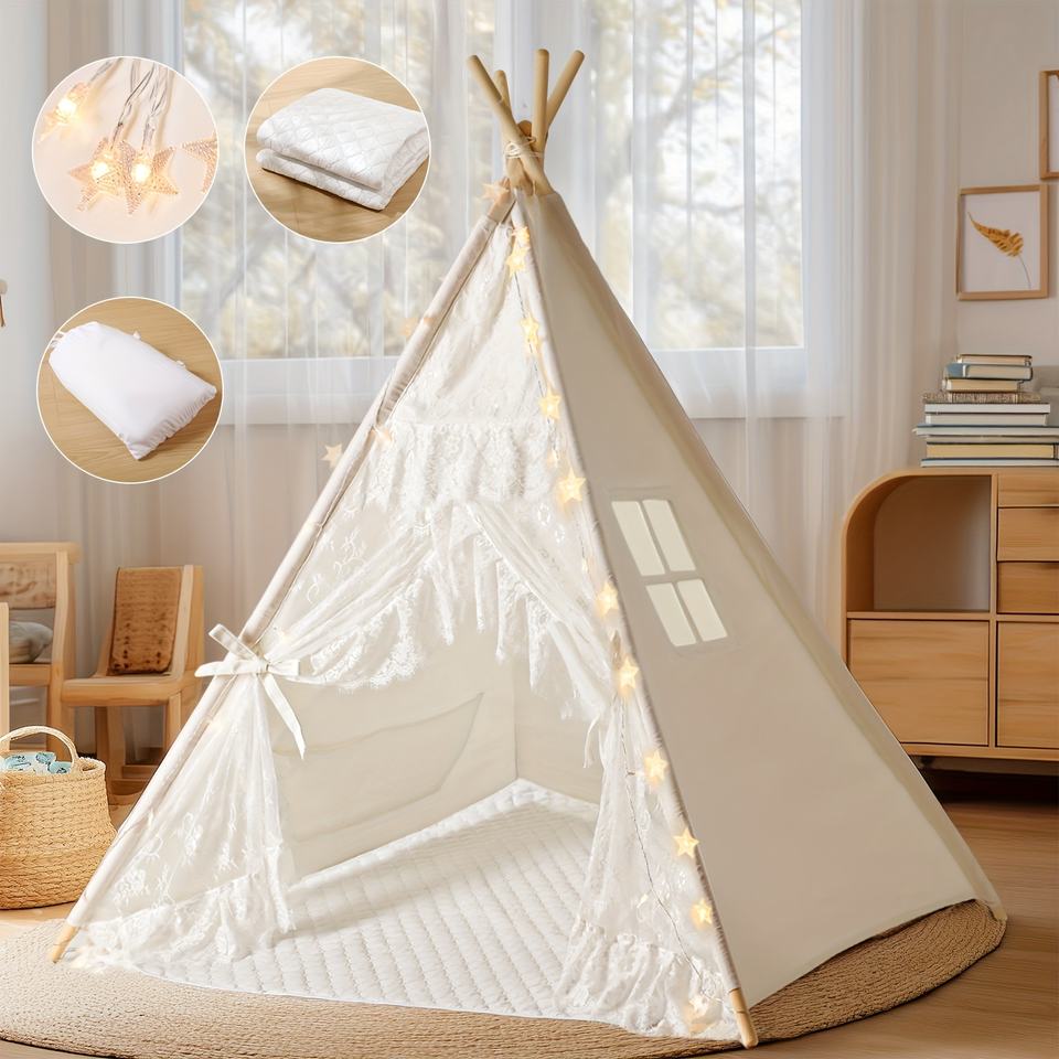 White Lace Teepee Tent for Kids Soft Indoor Playhouse Decorative Cotton Play Tent for Toddlers