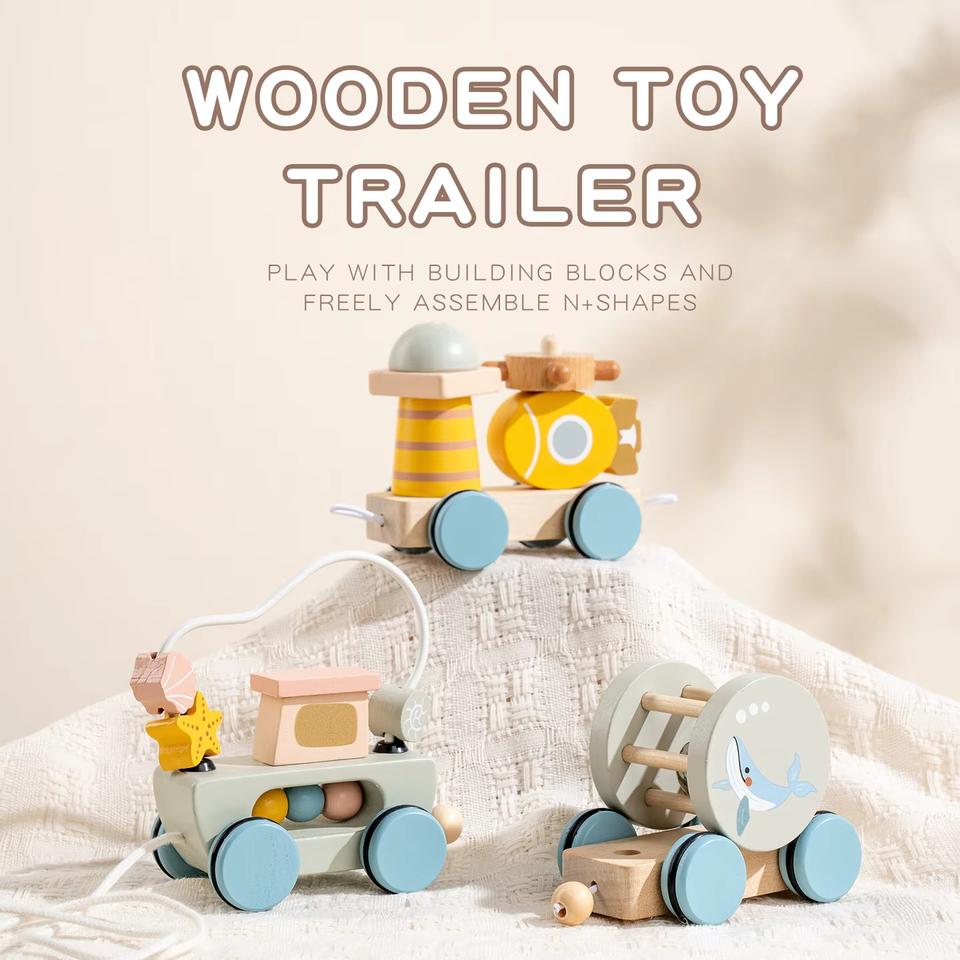 Montessori Pull Along Wooden Train Toy Creative Stacking Blocks Set Ocean Forest Animal Early Learning Toddler Development