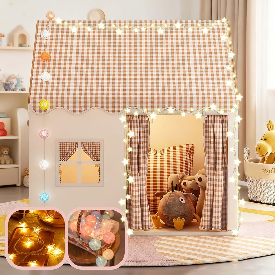 Khaki Japanese Plaid Large Kids Play Tent Polyester Foldable Indoor Toy House for Reading Corner