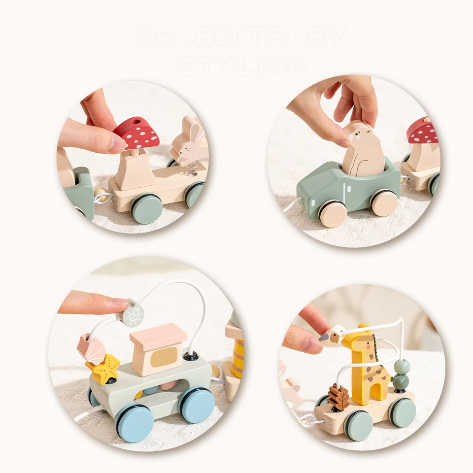 Montessori Pull Along Wooden Train Toy Creative Stacking Blocks Set Ocean Forest Animal Early Learning Toddler Development
