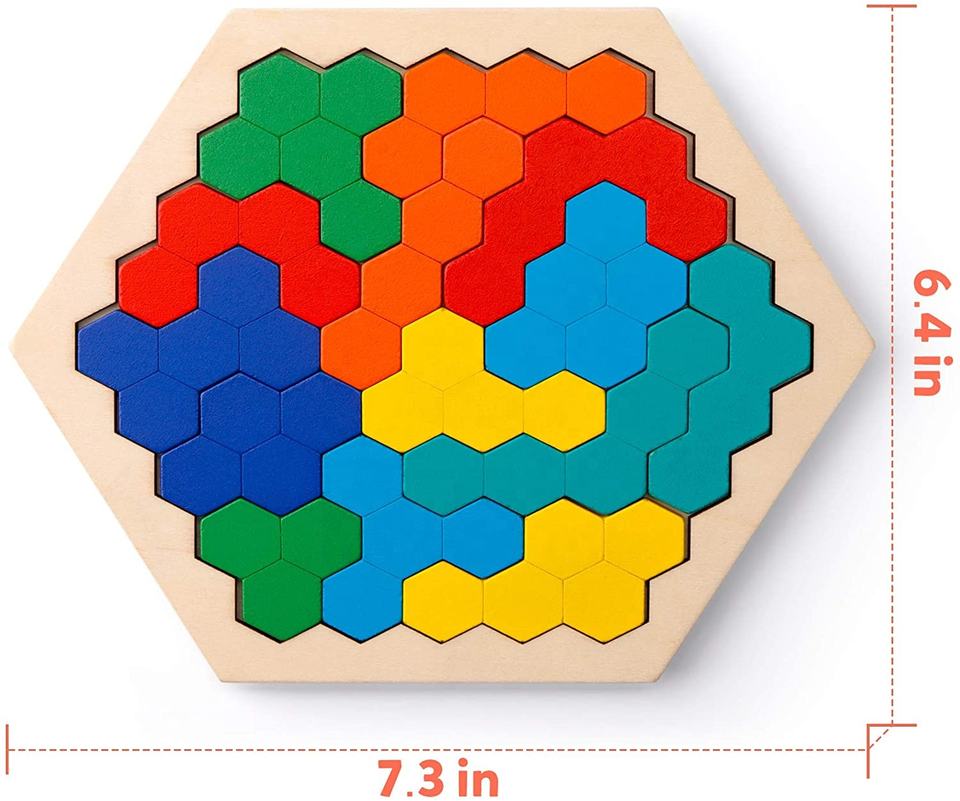 Wooden Hexagon Puzzle for Kid Adults - Shape Pattern Block Tangram Brain Teaser Toy Geometry Logic IQ Game