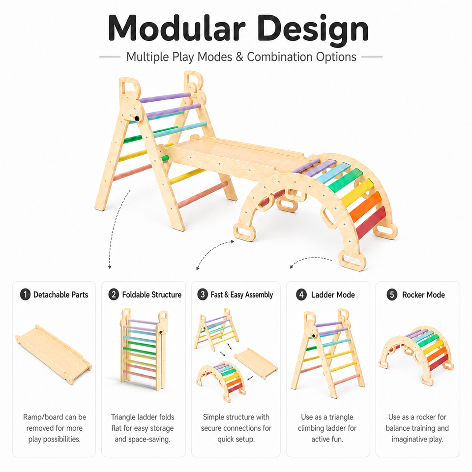 8-in-1 Wooden Pikler Triangle Climbing Set Toddler Toys Indoor Baby Jungle Gym Montessori Climber Playground for Kids