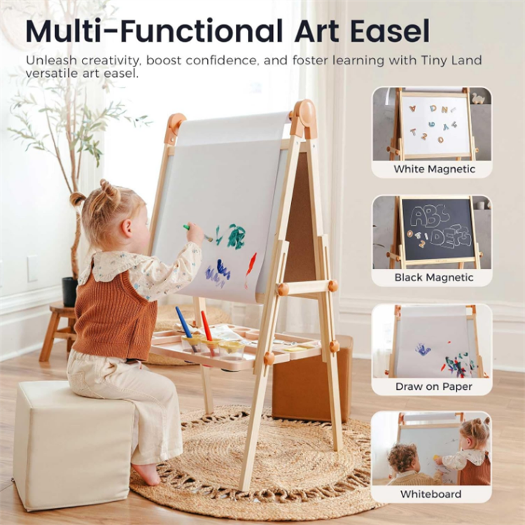 Double-Sided Magnetic Easel Adjustable Wooden Kids Art Easel with Paper Roll