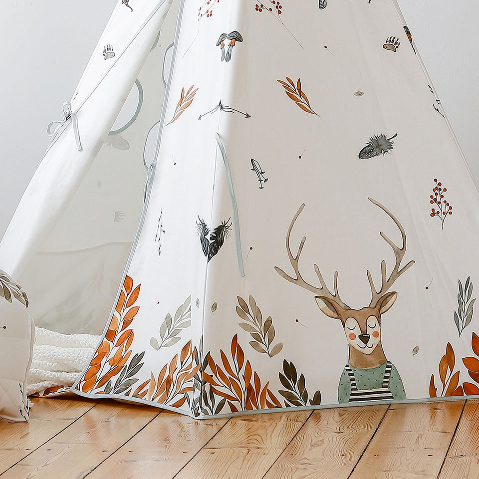 Kids Teepee Hexagonal Tent Children Play Tent Indoor &Outdoor Kids Playhouse White Canvas Teepee With Pine Pole