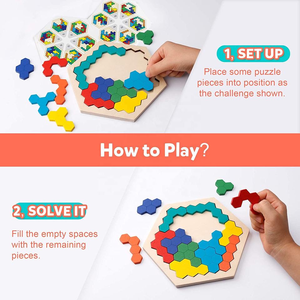 Wooden Hexagon Puzzle for Kid Adults - Shape Pattern Block Tangram Brain Teaser Toy Geometry Logic IQ Game