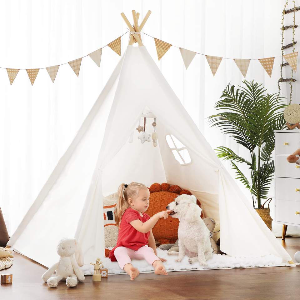 Wholesale White Beige Kids Sleepover Tent Wooden Indoor Playhouse