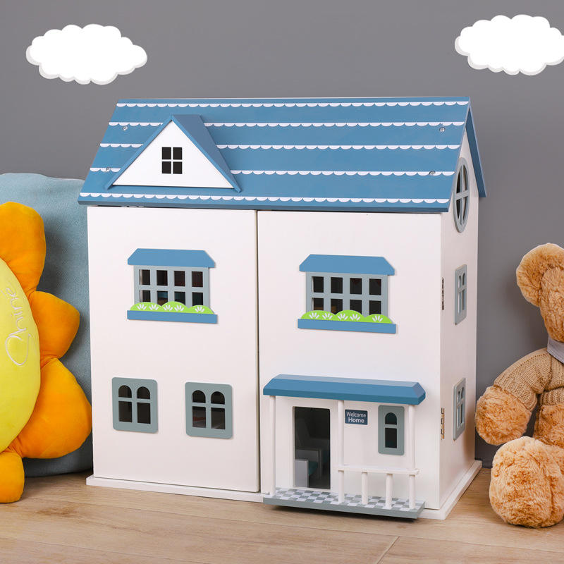 Wholesale Double Decker Wooden Doll House Mini Furniture Pretend Play Toy
