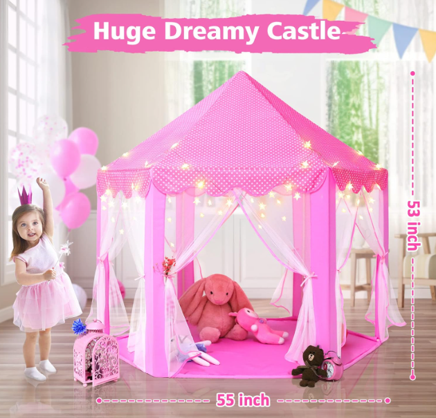 Princess Tent Playhouse Large Outdoor/Indoor Castle Toy with Star Lights Soft Polyester Toy for Kids Pink Large Large