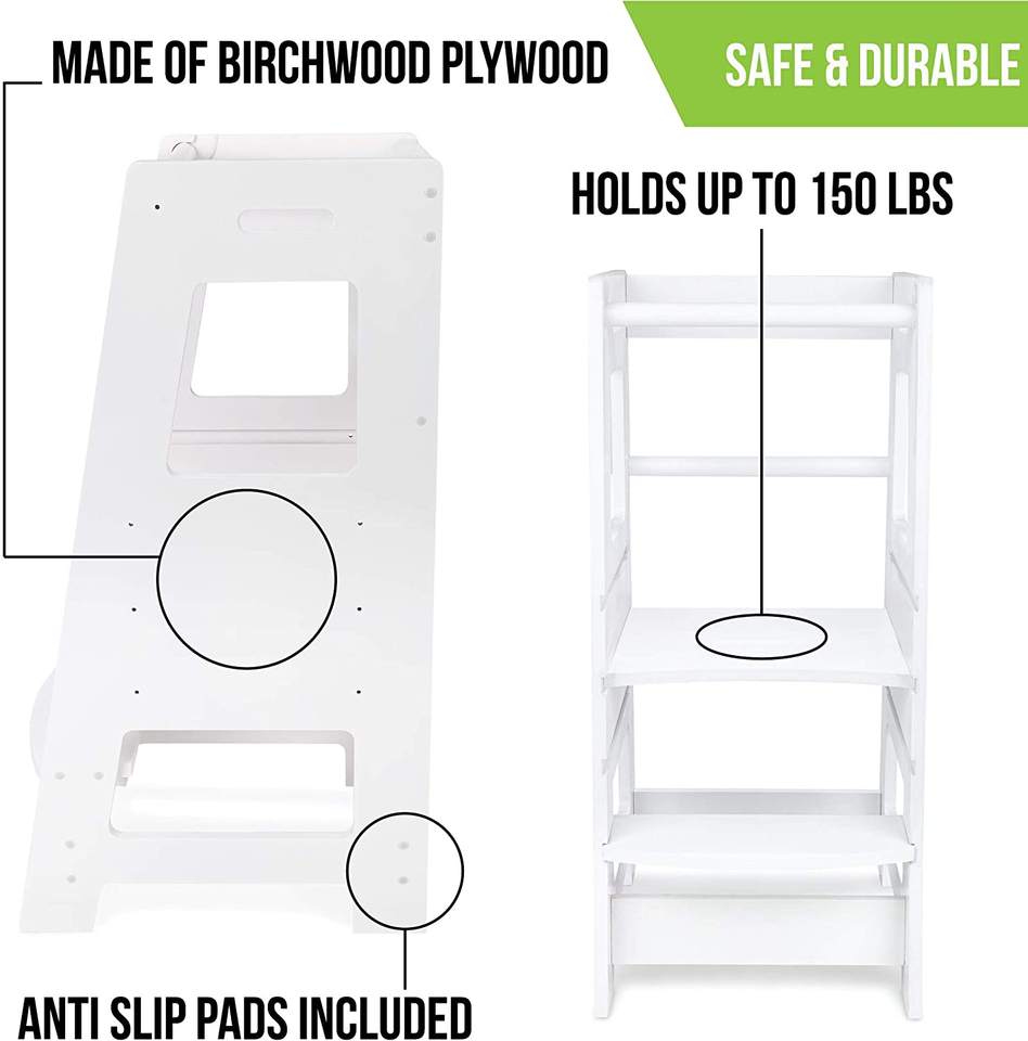 Bright White Wooden Step Stool - Toddler Tower Kitchen Step Stool for Kitchen Counter Learning
