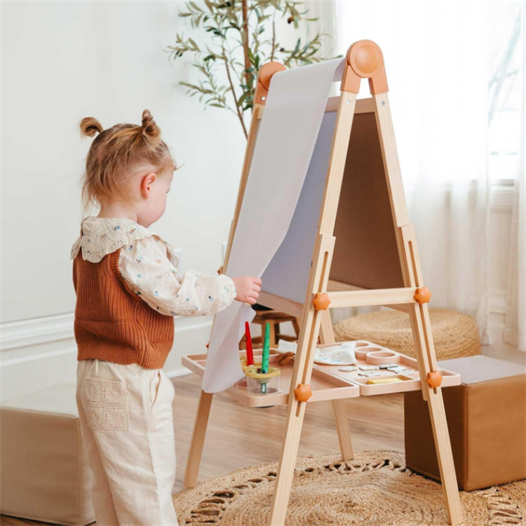 Double-Sided Magnetic Easel Adjustable Wooden Kids Art Easel with Paper Roll
