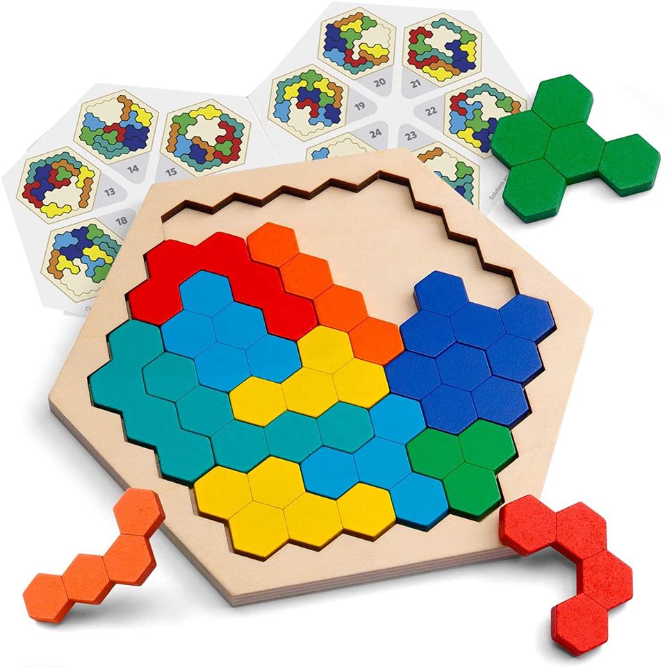 Wooden Hexagon Puzzle for Kid Adults - Shape Pattern Block Tangram Brain Teaser Toy Geometry Logic IQ Game