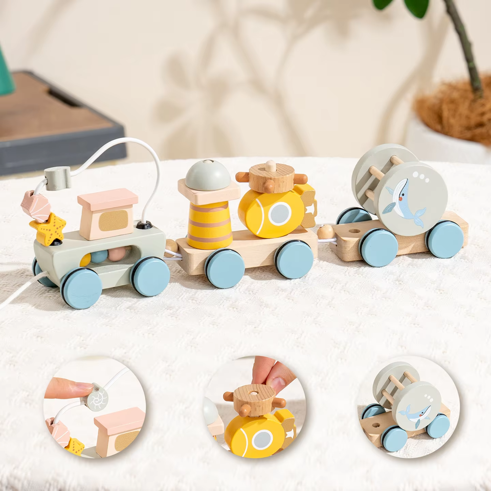 Montessori Pull Along Wooden Train Toy Creative Stacking Blocks Set Ocean Forest Animal Early Learning Toddler Development