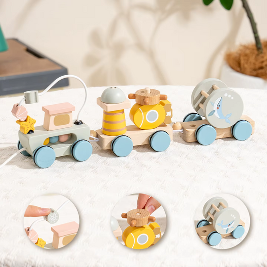 Montessori Pull Along Wooden Train Toy Creative Stacking Blocks Set Ocean Forest Animal Early Learning Toddler Development