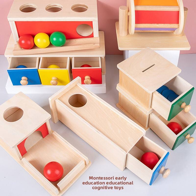 Wholesale Montessori Wooden Coin Ball Box Textile Drum Drawer Early Learning Educational Toy for Kids