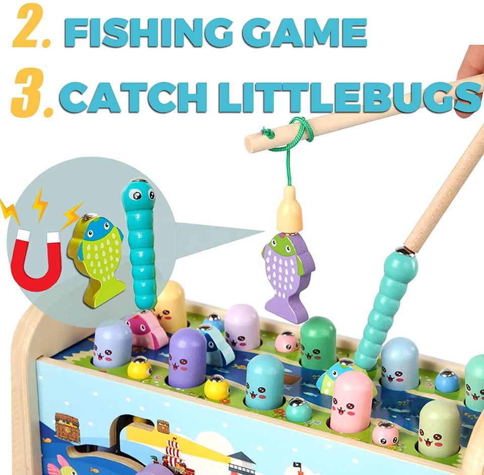 Wooden Pounding and Hammer Toy Early Educational Motor Skill Toy with Fishing Game Xylophone Moving Gears Clock Best Gift