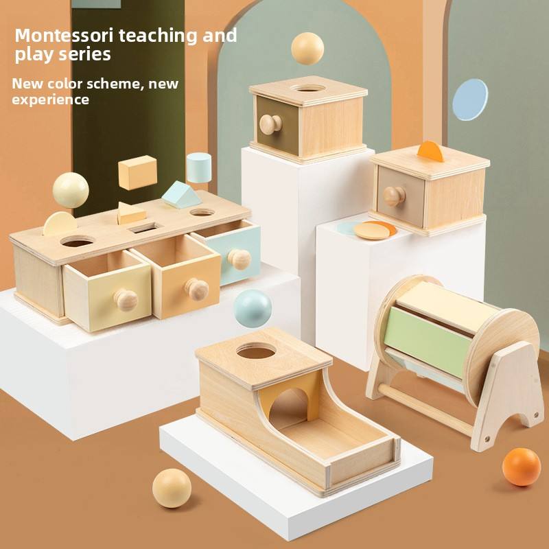 Montessori Early-Learning Wooden Drawer Box Textile Drum Pressure-Ball Educational Toys for Infants Toddlers White Box Packaging