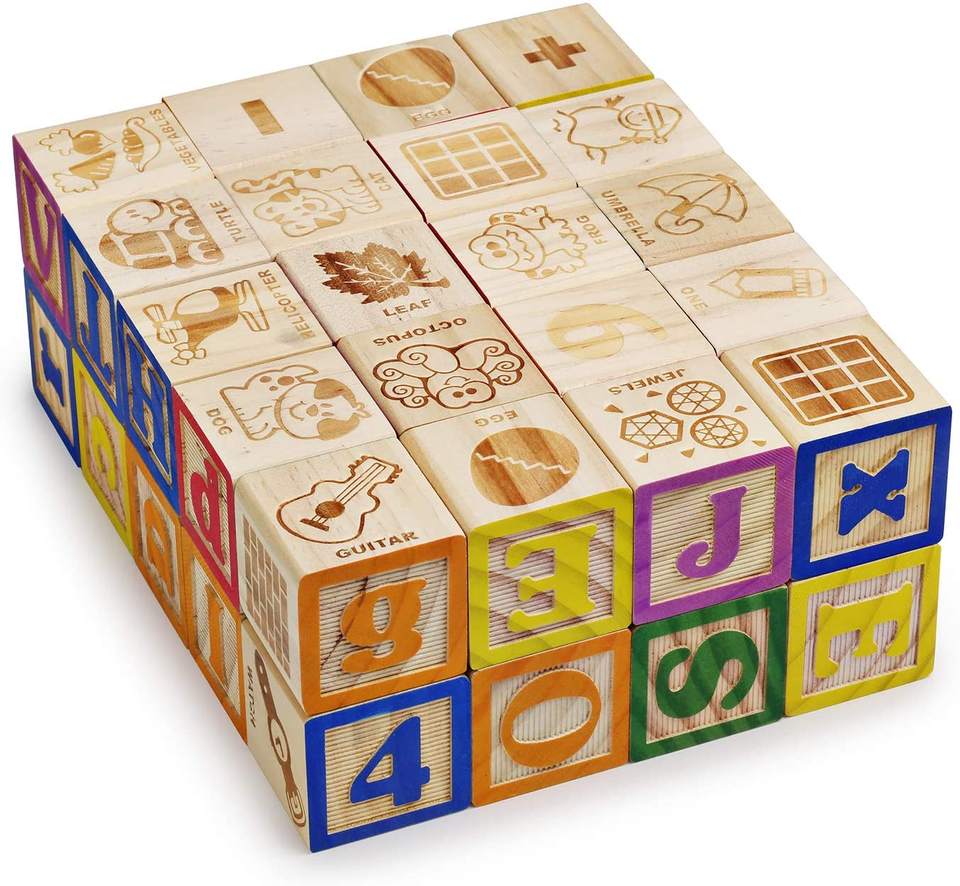 Wooden Blocks for Toddlers - 30 Wood Alphabet Blocks - Montessori Stacking Letter Preschool Learning Toys
