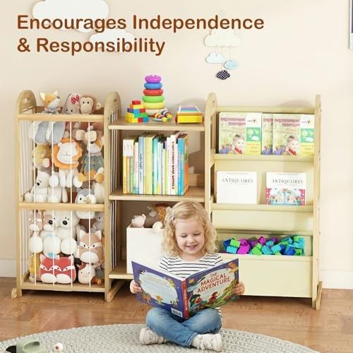 Kids Bookshelf and Toy Storage Organizer, 3-Tier Book Shelf with Stuffed Animal Storage, Kids Toy Storage,Wooden Toy Organizer