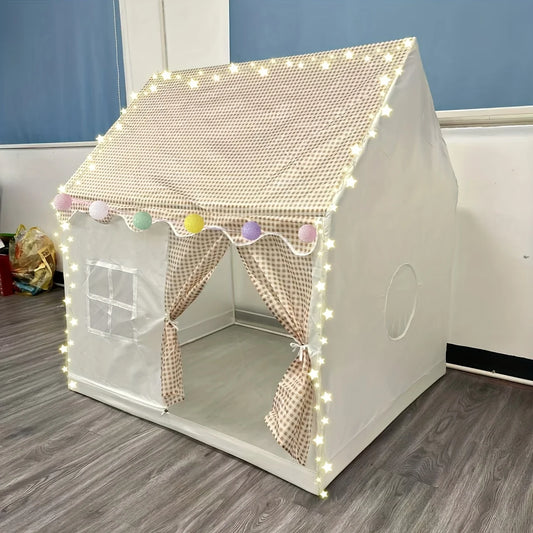 Khaki Japanese Plaid Large Kids Play Tent Polyester Foldable Indoor Toy House for Reading Corner