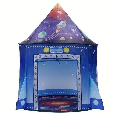 Space Themed Portable Folding Kids Tent Rocket Playhouse for Indoor Outdoor Pretend Play