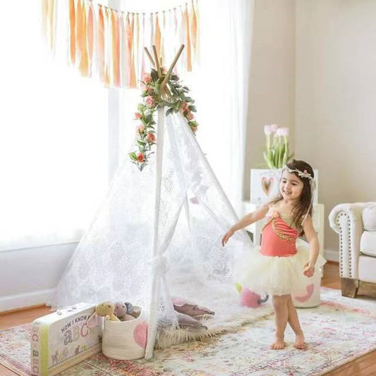 White Lace Solid Wood Three-Season One Bedroom Teepee Kids Tent for Outdoor Indoor Party Camping