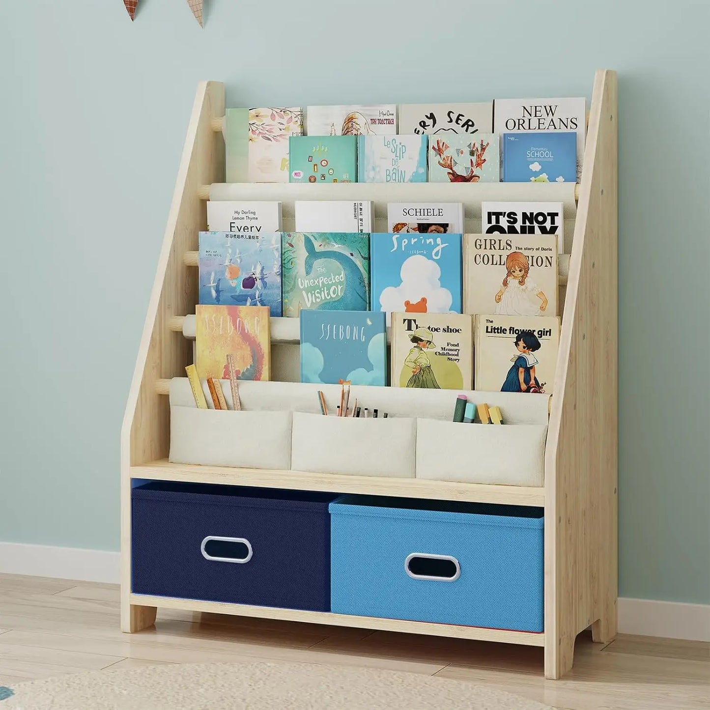 Wholesale 4-Tier Wooden Kids Bookshelf with Storage Bins for Playroom