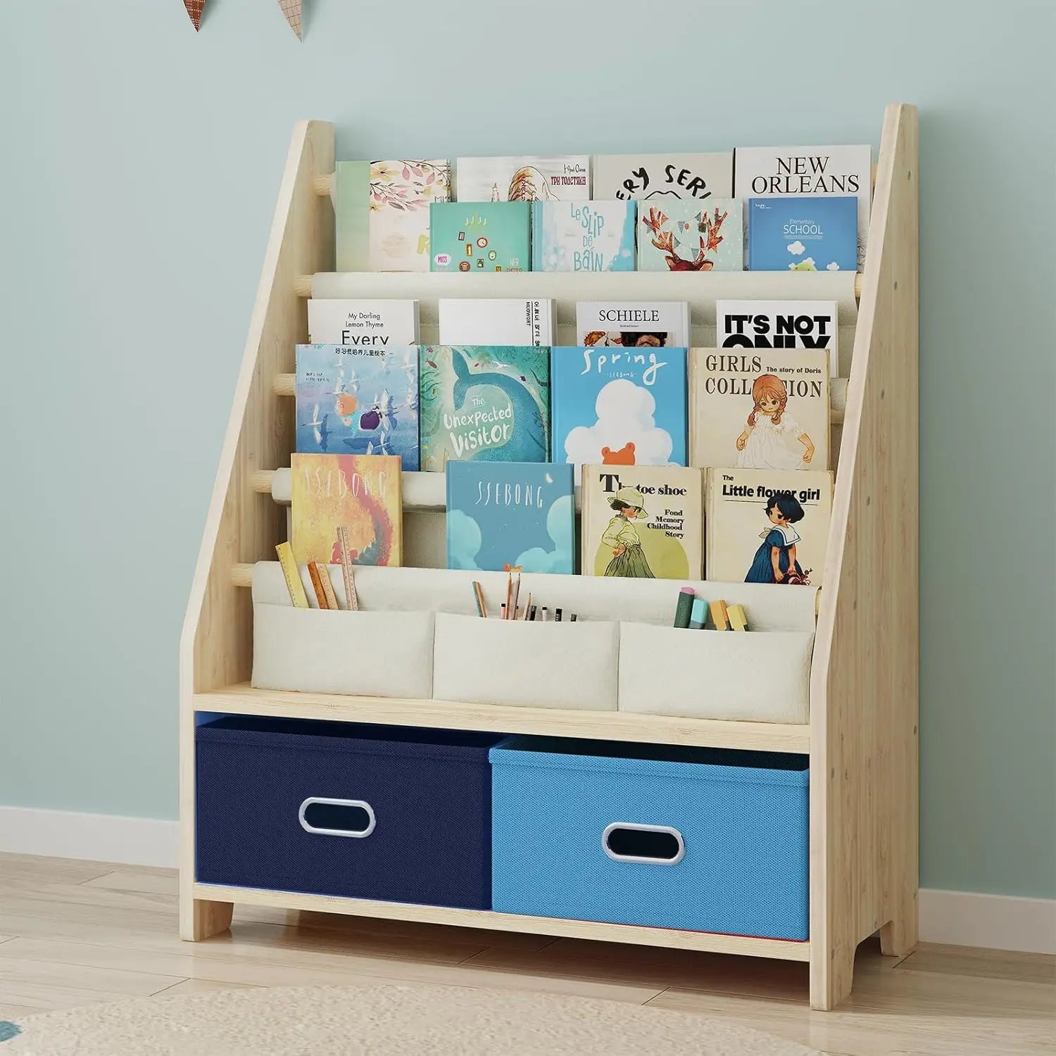 Wholesale 4-Tier Wooden Kids Bookshelf with Storage Bins for Playroom